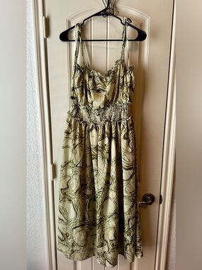 ARULA Olive Green Cream Marble-Print Smocked Spring Party Flowy Dress size X